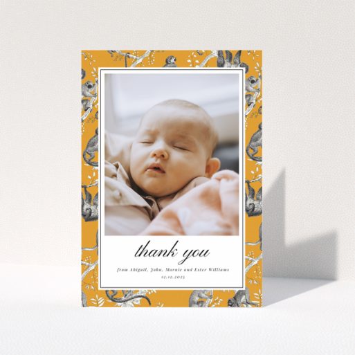 Baby thank you card with one photo and orange animal print border design