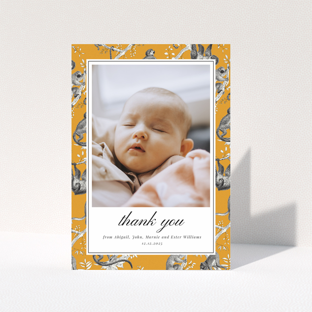 Baby thank you card with one photo and orange animal print border design
