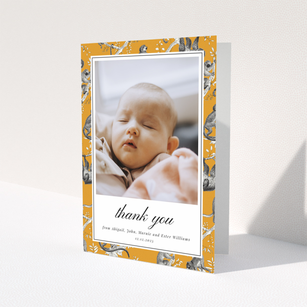 Baby thank you card with one photo and orange animal print border design