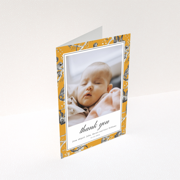 Baby thank you card with one photo and orange animal print border design