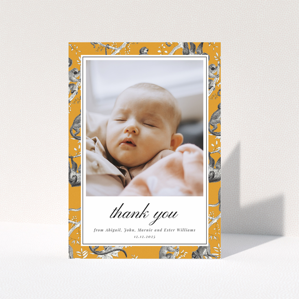 Baby thank you card with one photo and orange animal print border design