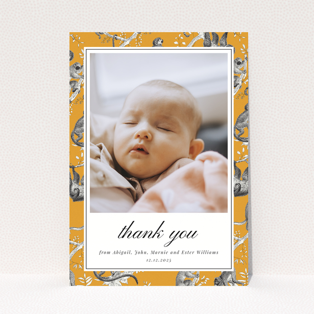 Baby thank you card with one photo and orange animal print border design