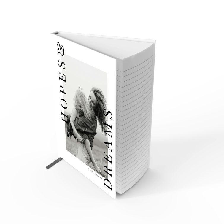 Personalised notebook cover design with one black and white photo, Hopes & Dreams theme by Utterly Printable.