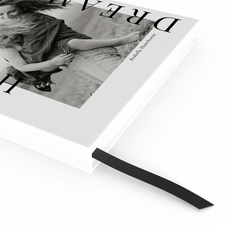 Personalised notebook cover design with one black and white photo, Hopes & Dreams theme by Utterly Printable.