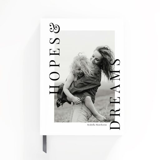 Personalised notebook cover design with one black and white photo, Hopes & Dreams theme by Utterly Printable.