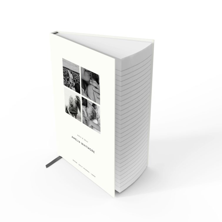 Elegant personalised notebooks design with four black and white photos on the cover, perfect for daily journaling.