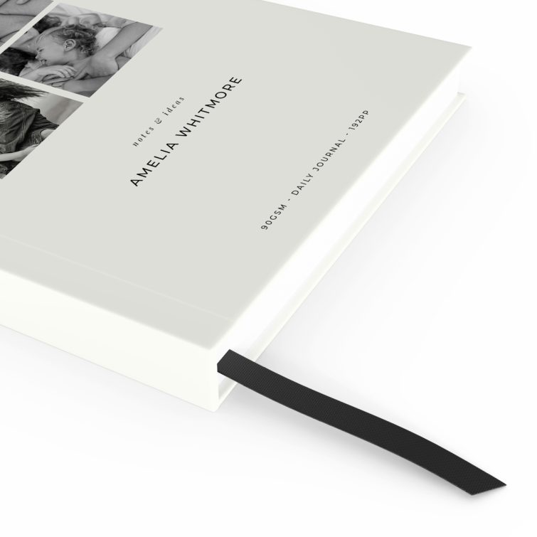 Elegant personalised notebooks design with four black and white photos on the cover, perfect for daily journaling.