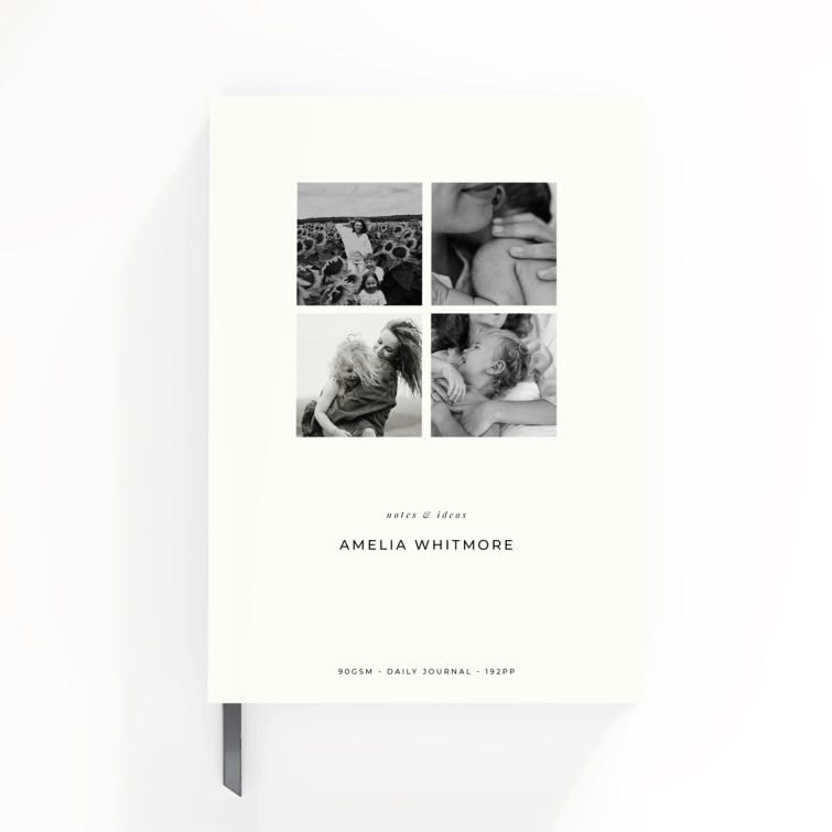 Elegant personalised notebooks design with four black and white photos on the cover, perfect for daily journaling.