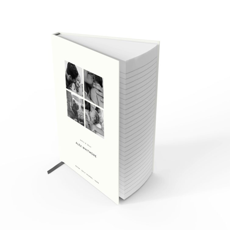 Portrait orientation notebook design with four photos, personalised by Utterly Printable, suitable for weddings, funerals, and photo printing.