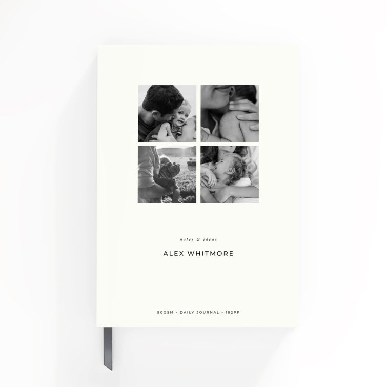 Portrait orientation notebook design with four photos, personalised by Utterly Printable, suitable for weddings, funerals, and photo printing.