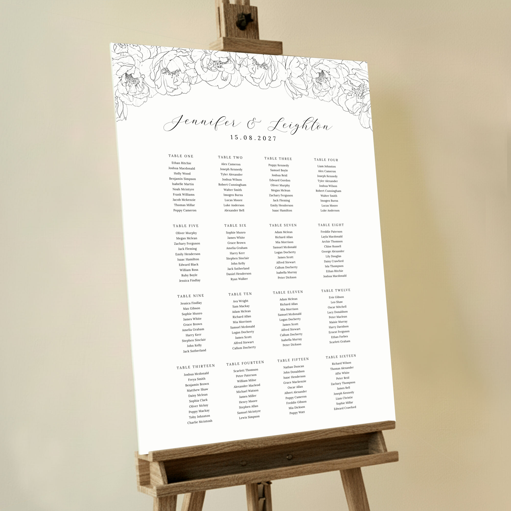 Custom Monochrome Petals Seating Plan featuring beautiful black and white floral petal illustrations at the top of the board, creating a timeless and sophisticated look, printed on foamex board.. This design has 16 tables.