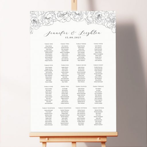 Custom Monochrome Petals Seating Plan featuring beautiful black and white floral petal illustrations at the top of the board, creating a timeless and sophisticated look, printed on foamex board.. This design has 16 tables.