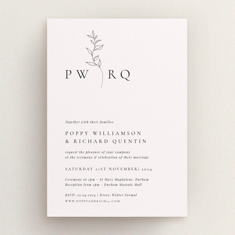Monogram Floral Chic Wedding Invitation - Minimalist Botanical Design. This is a view of the front