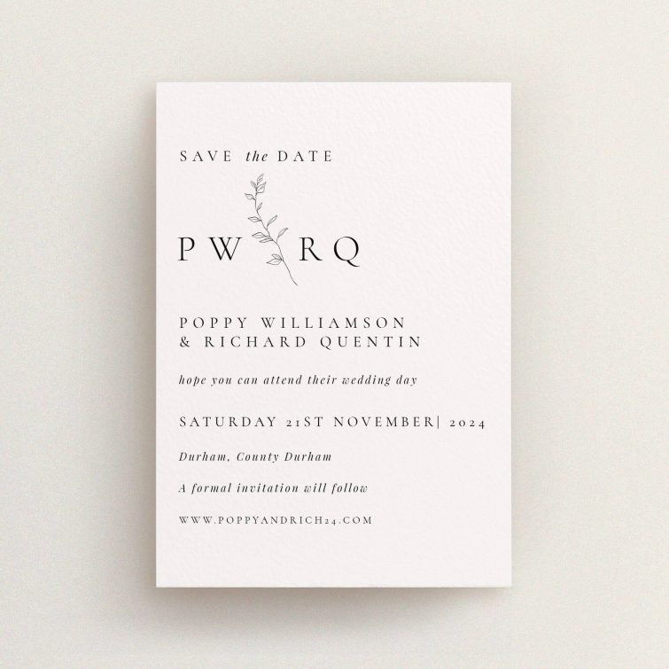 Monogram Floral Chic wedding save the date card template A6, elegant monogram design with botanical grace, bespoke initials emblem, classic serif and clean sans-serif fonts, stylish and readable, tradition meets modern minimalism, perfect choice for announcing a stylish and intimate wedding This is a view of the front