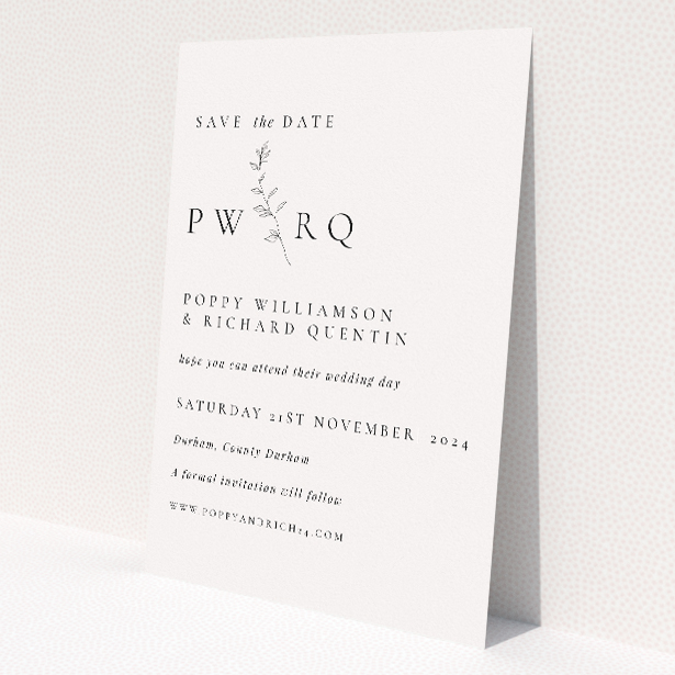 Monogram Floral Chic wedding save the date card template A6, elegant monogram design with botanical grace, bespoke initials emblem, classic serif and clean sans-serif fonts, stylish and readable, tradition meets modern minimalism, perfect choice for announcing a stylish and intimate wedding This is a view of the front