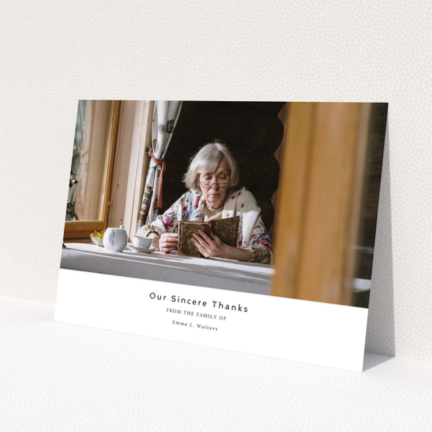 Funeral thank you card design with one photo of an elderly woman reading a book at a table