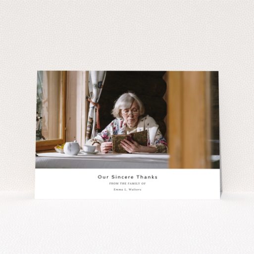 Funeral thank you card design with one photo of an elderly woman reading a book at a table