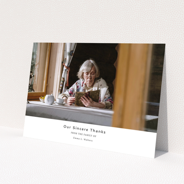 Funeral thank you card design with one photo of an elderly woman reading a book at a table