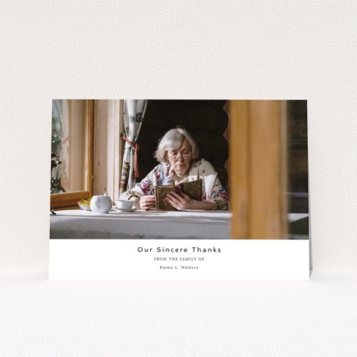 Funeral thank you card design with one photo of an elderly woman reading a book at a table