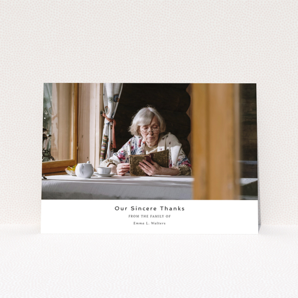 Funeral thank you card design with one photo of an elderly woman reading a book at a table