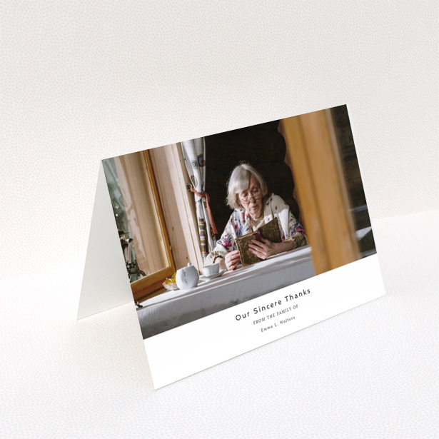 Funeral thank you card design with one photo of an elderly woman reading a book at a table