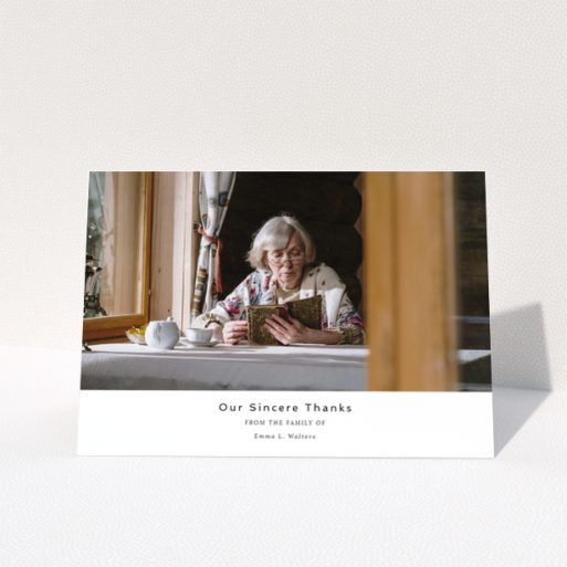 Funeral thank you card design with one photo of an elderly woman reading a book at a table