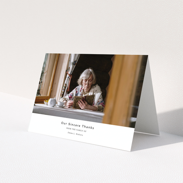 Funeral thank you card design with one photo of an elderly woman reading a book at a table