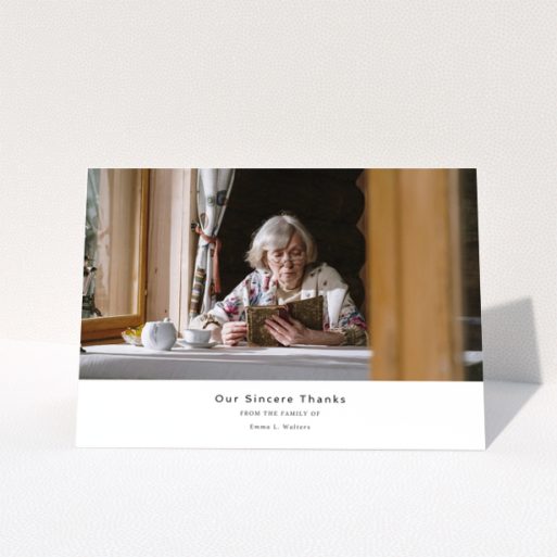 Funeral thank you card design with one photo of an elderly woman reading a book at a table