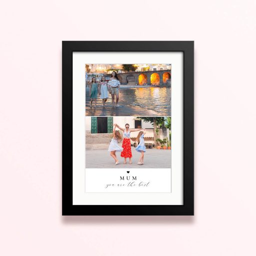 Framed and mounted photo print featuring one photo of a family walking on the beach with the text "MUM you are the best"