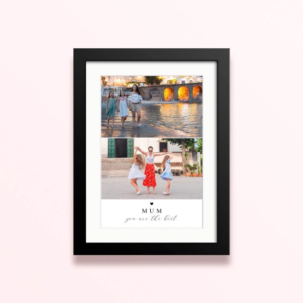 Framed and mounted photo print featuring one photo of a family walking on the beach with the text "MUM you are the best"