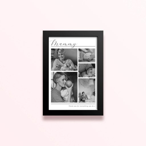 Simple framed prints designs featuring five black and white photos in a collage layout