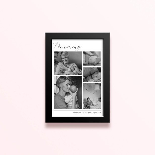 Simple framed prints designs featuring five black and white photos in a collage layout