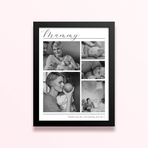 Simple framed prints designs featuring five black and white photos in a collage layout