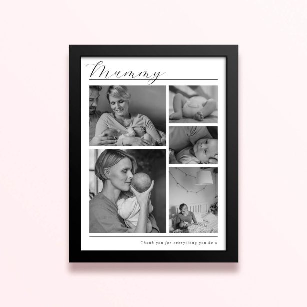 Simple framed prints designs featuring five black and white photos in a collage layout