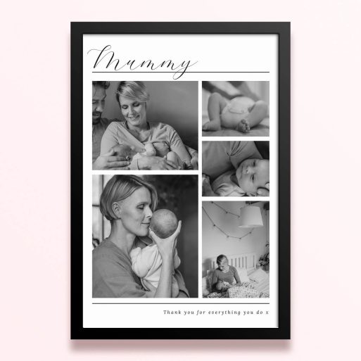 Simple framed prints designs featuring five black and white photos in a collage layout