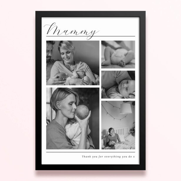 Simple framed prints designs featuring five black and white photos in a collage layout