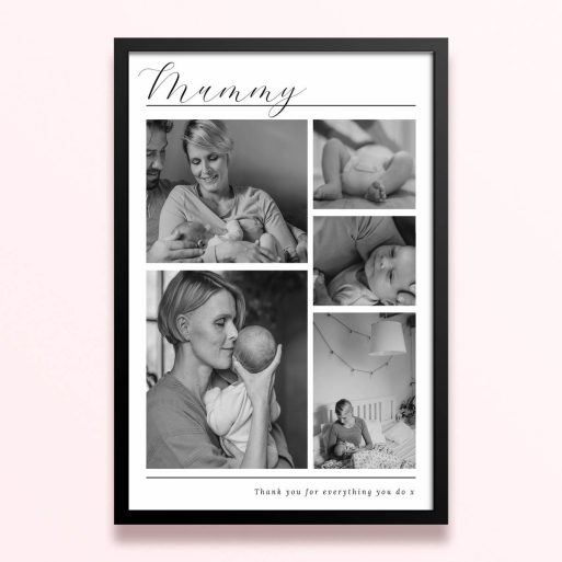 Simple framed prints designs featuring five black and white photos in a collage layout