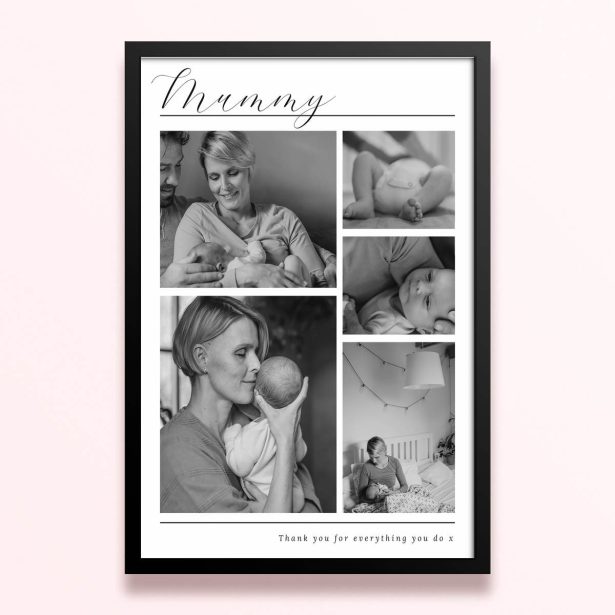 Simple framed prints designs featuring five black and white photos in a collage layout
