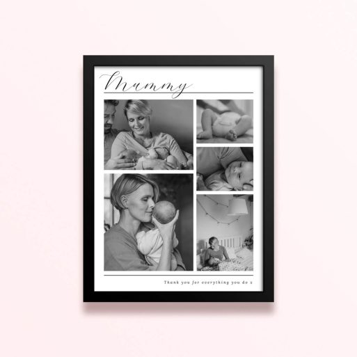 Simple framed prints designs featuring five black and white photos in a collage layout