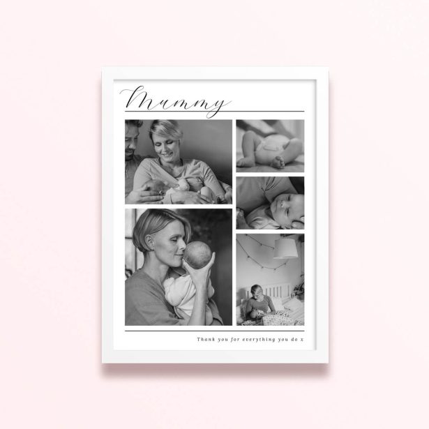 Simple framed prints designs featuring five black and white photos in a collage layout