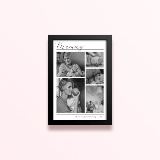 Simple framed prints designs featuring five black and white photos in a collage layout