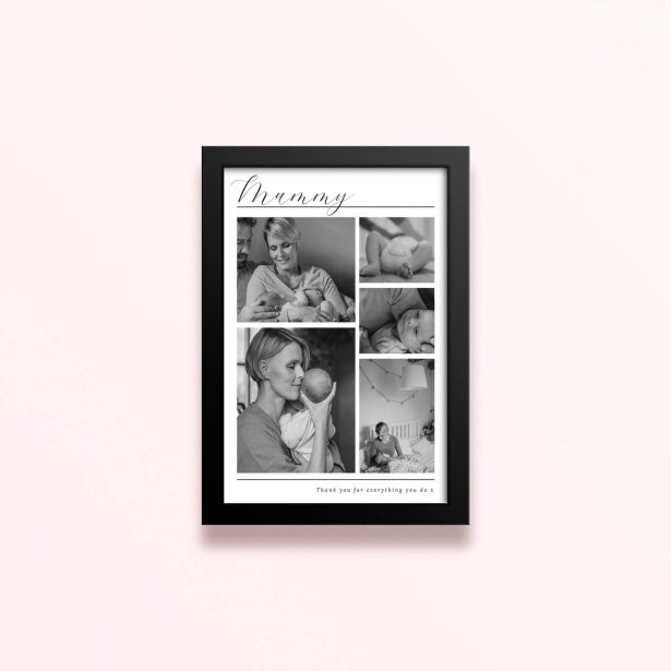Simple framed prints designs featuring five black and white photos in a collage layout