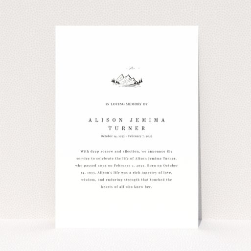 Funeral announcement design with one illustration for Alison Jemima Turner