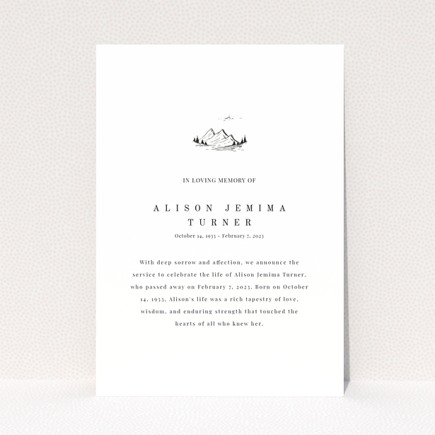 Funeral announcement design with one illustration for Alison Jemima Turner
