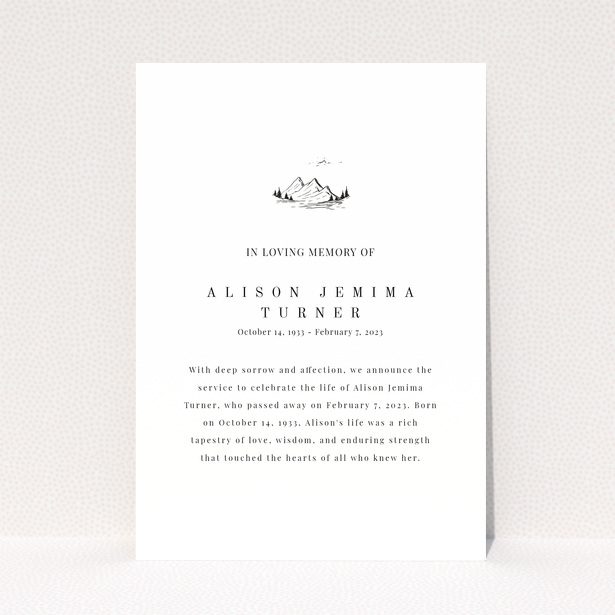 Funeral announcement design with one illustration for Alison Jemima Turner