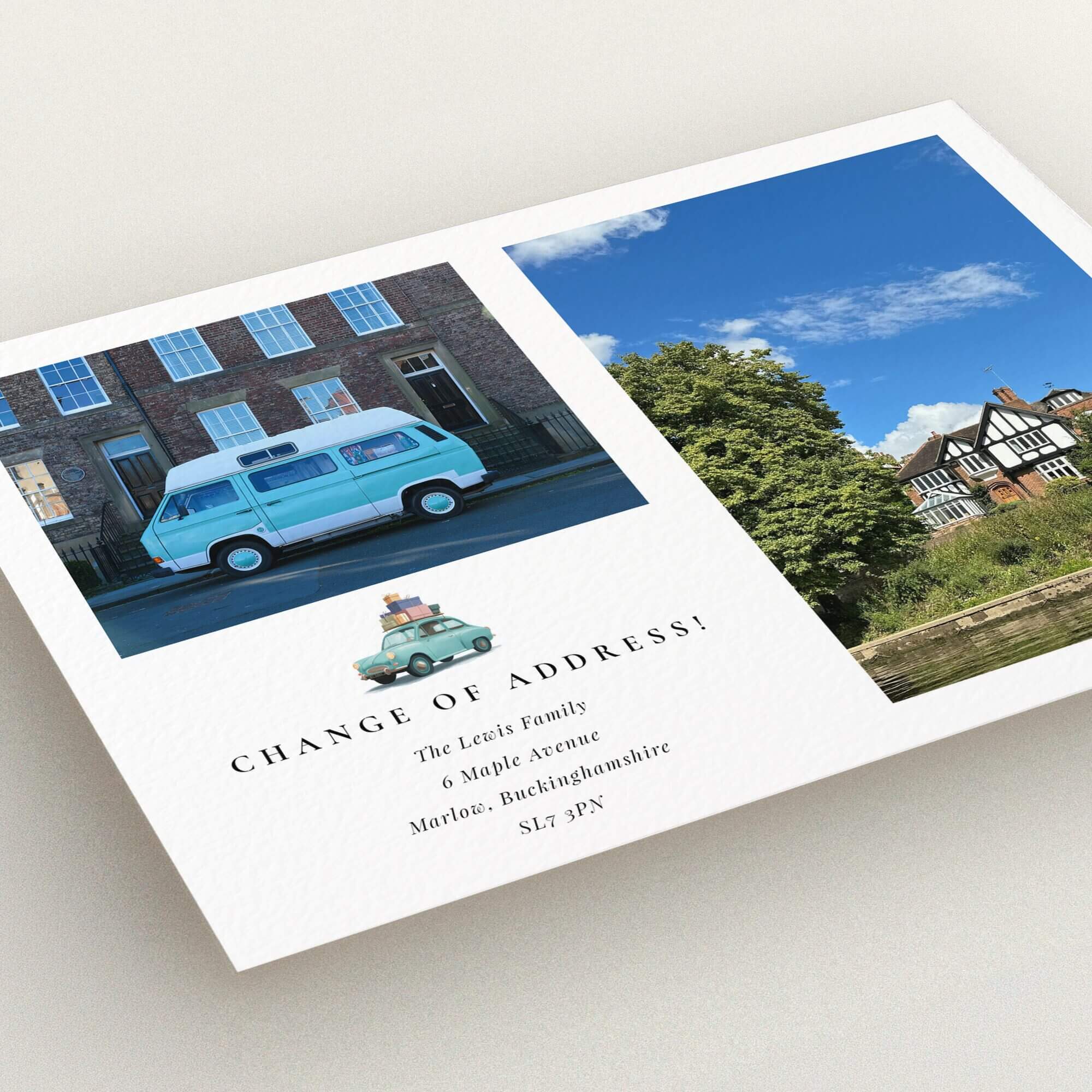 Change of address card with two photos including a vintage van and a rural house scene.