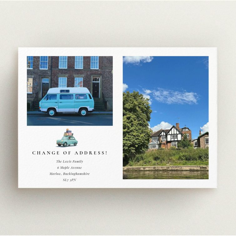 Change of address card with two photos including a vintage van and a rural house scene.