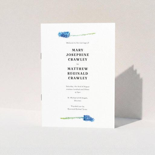 A multipage wedding order of service template titled "A new bloom". It is an A5 booklet in a portrait orientation. "A new bloom" is available as a folded booklet booklet, with tones of white and green.