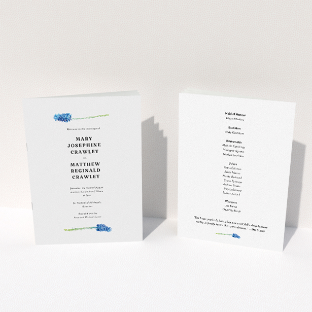 A multipage wedding order of service template titled "A new bloom". It is an A5 booklet in a portrait orientation. "A new bloom" is available as a folded booklet booklet, with tones of white and green.