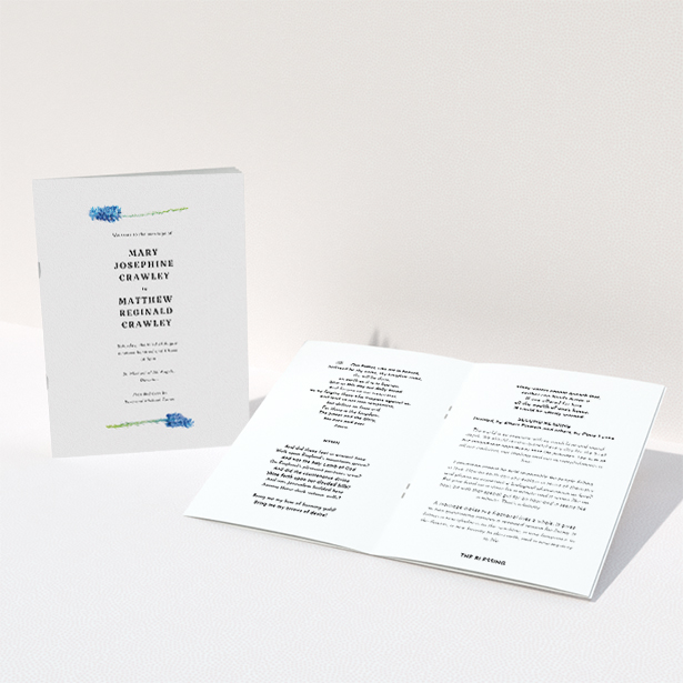 A multipage wedding order of service template titled "A new bloom". It is an A5 booklet in a portrait orientation. "A new bloom" is available as a folded booklet booklet, with tones of white and green.